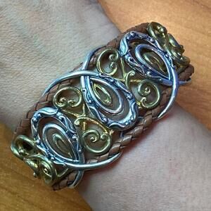 Carolyn Pollack Sterling & Brass Double Row Brown Leather Decorated Bracelet